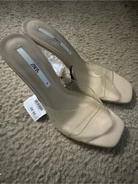 Zara Beige Clear Strap Mule Heels